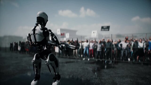 Robot carrying weapon, angry crowd protesting AI near a data center, anti-AI concept.