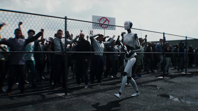 Robot carrying weapon, angry crowd protesting AI near a data center, anti-AI concept.