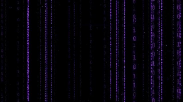Abstract purple binary code raining down on a black background for technology and data concepts