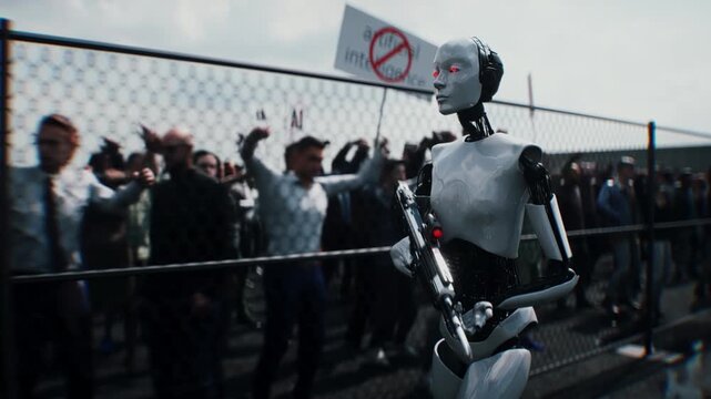 Robot carrying weapon, angry crowd protesting AI near a data center, anti-AI concept.