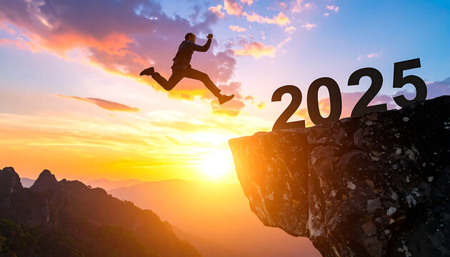 man leaping over cliff towards 2025, representing future success and new year goals, with dramatic sunset sky