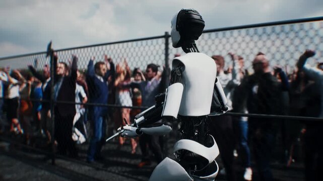 Robot carrying weapon, angry crowd protesting AI near a data center, anti-AI concept.