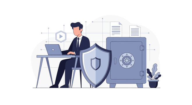 Businessman working on laptop with safe, shield, and documents representing data security and protection