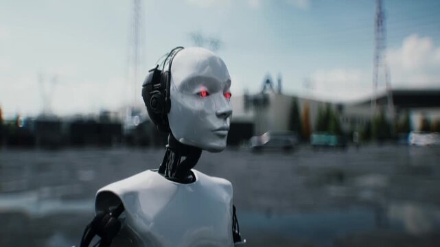 Robot carrying weapon, angry crowd protesting AI near a data center, anti-AI concept.