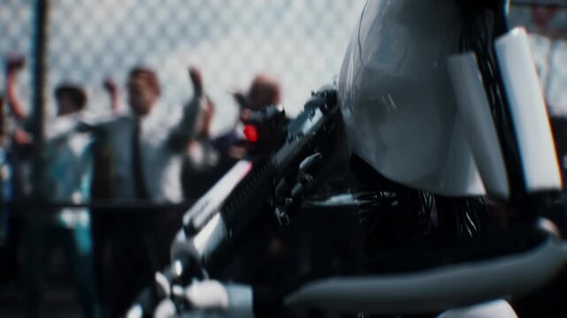 Robot carrying weapon, angry crowd protesting AI near a data center, anti-AI concept.