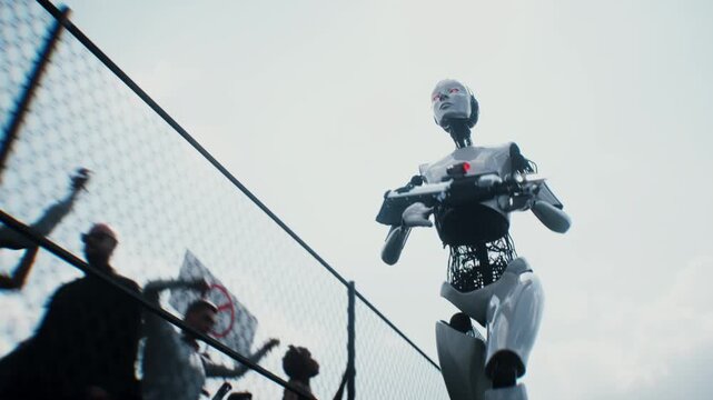 Robot carrying weapon, angry crowd protesting AI near a data center, anti-AI concept.