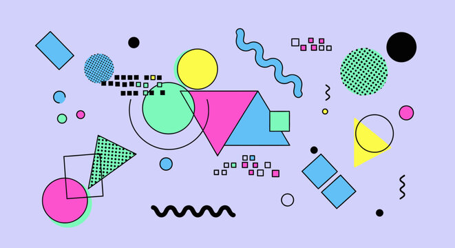Retro Abstract Geometric Shapes, 80s Memphis Style, Colorful Elements