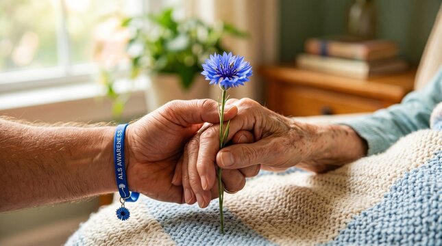 Caregiver holding hand of elderly patient with blue cornflower and ALS awareness wristband, offering comfort and support