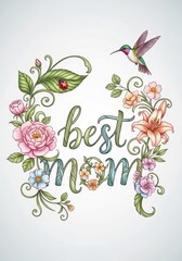 Obraz premium Best mom greeting card with floral frame. Elegant hand drawn typography surrounded by flowers, hummingbird, and ladybug. Decorative botanical illustration for Mother’s Day celebration.