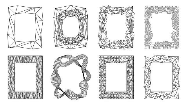 A collection of eight abstract geometric frames and complex line borders featuring wireframe networks, polygon meshes, and wavy topographic line textures for modern presentation backgrounds