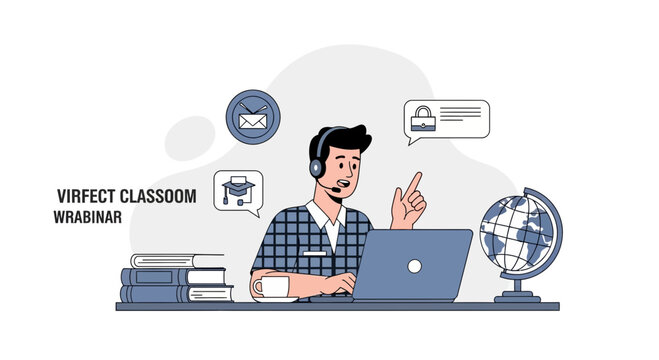 Man Hosting Online Webinar with Laptop, Globe, Books, and Icons Representing Learning and Security