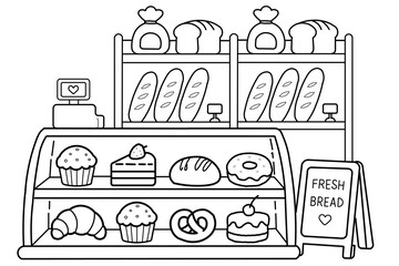 Naklejka premium Cute Cartoon Kawaii Bakery Showcase and Interior Coloring Page and Pastry Display. Hand Drawn Vector Illustration 