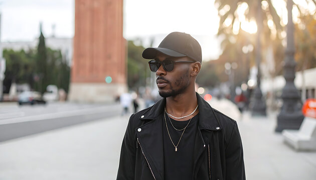 Man wearing a baseball cap sunglasses and leather jacket walking in city street, golden hour lighting