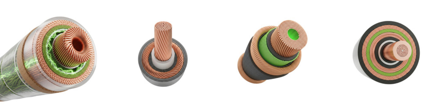 Cross section view of four different electrical copper cables isolated