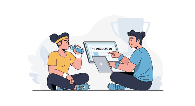 Fitness partners reviewing training plan on laptop, discussing exercise goals and strategy, one hydrating