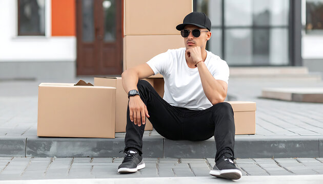 Man wearing a black cap and sunglasses, sitting on steps near stacked cardboard boxes, casual attire, thoughtful pose.