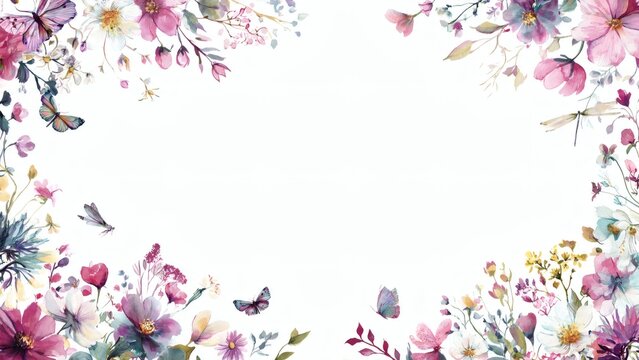 Floral watercolor border with butterflies and dragonflies on white background