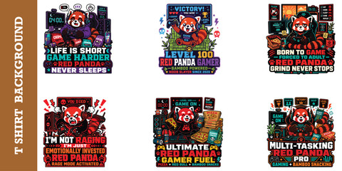 Funny red panda gamer lifestyle illustration bundle for gaming t shirts and merchandise. © jubayer95