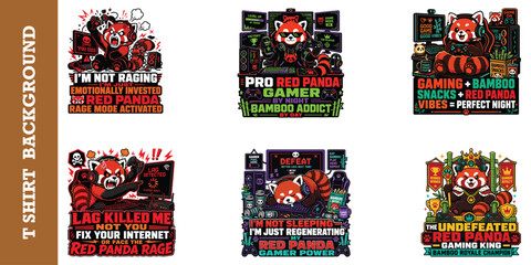 Red panda gamer character mascot bundle for gaming apparel with funny rage mode slogans. © jubayer95