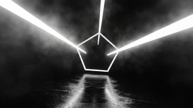 Abstract futuristic neon light pentagon tunnel with smoke or fog reflections in dark space
