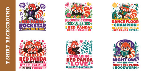 Fun red panda character illustrations for gaming lifestyle and social apparel branding. © jubayer95