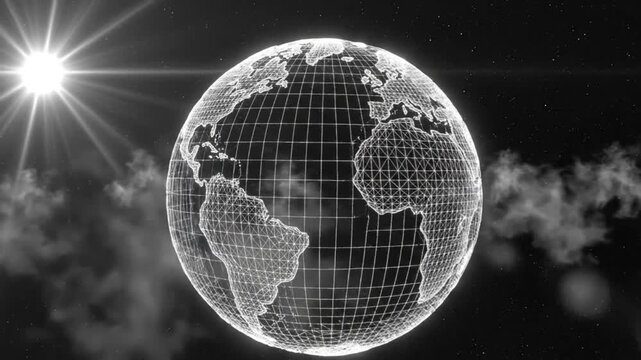 Abstract wireframe earth globe rotating in space with the sun and clouds in monochrome