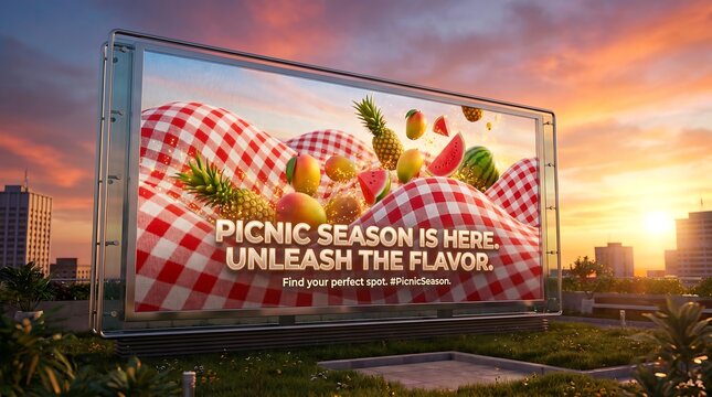 A captivating billboard displaying fresh, colorful fruits and a classic gingham pattern, set against a beautiful sunset. Promotes summer picnics and enjoyable outdoor dining experiences.