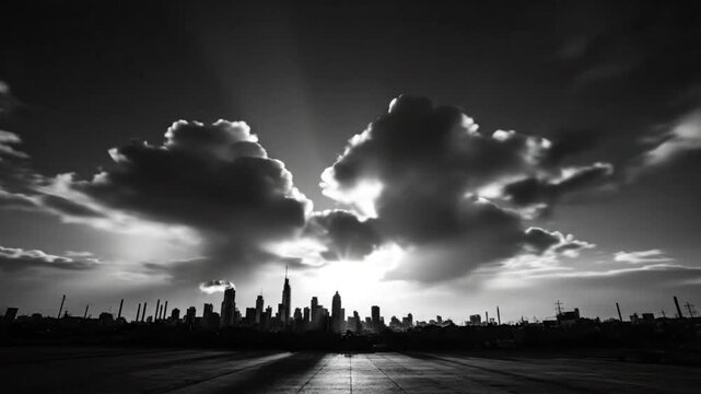 Epic black and white cityscape time-lapse with dramatic clouds and sun rays silhouetting the urban skyline