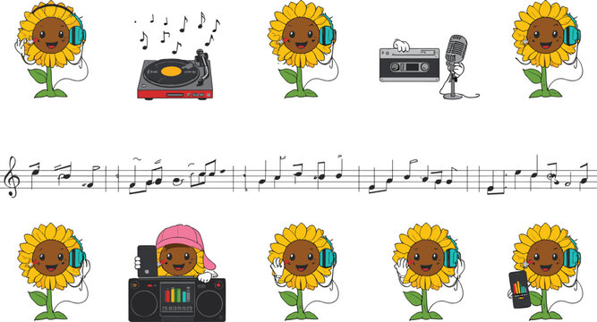 Cute Kawaii Sunflower Character Music Set with Headphones, Vinyl, Cassette, Boombox, and Microphone for Kids and Music Designs