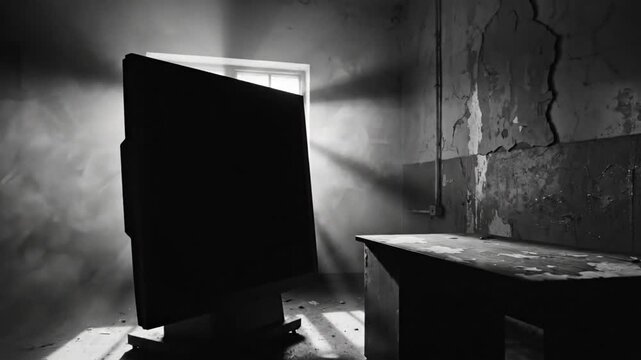 Spooky cinematic black and white image of an old room, a computer monitor, and emanating smoke