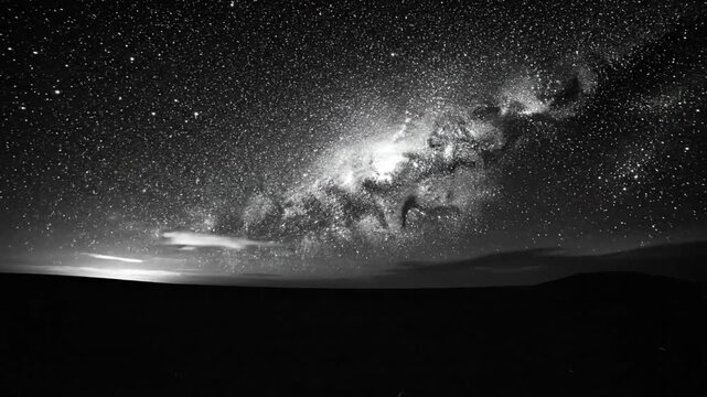 Mesmerizing black and white nighttime view of the Milky Way galaxy rising over a dark horizon showcasing stars and celestial beauty.