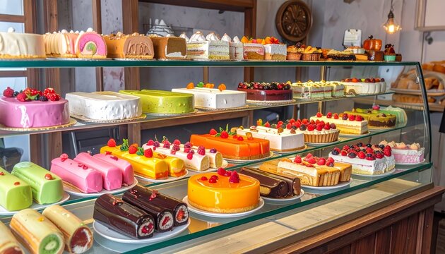 Vibrant pastry display case with variety 