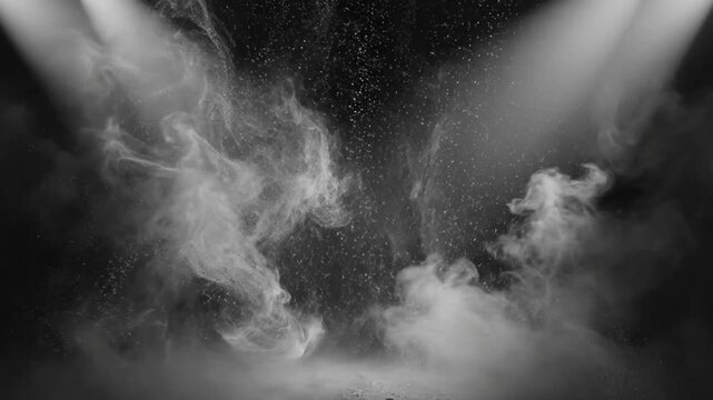 Dramatic stage spotlight effect with rising fog particles and abstract smoky ink shapes in a mysterious performance.