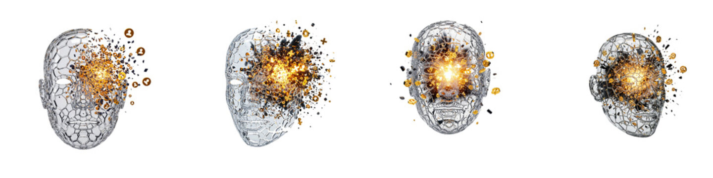 Digital human head silhouettes exploding with glowing gold social icons