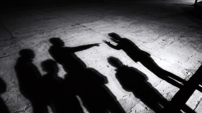 Dramatic shadows on concrete ground of a group of people with one pointing an accusing finger at another, representing bullying, blame, and social conflict