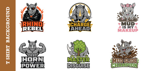 Rhino badge vector set featuring cute and aggressive rhinoceros characters for print design. © jubayer95