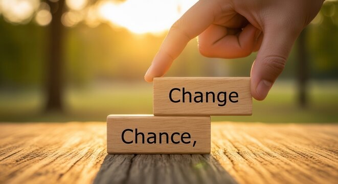 Hand stacking "Change" and "Chance" wooden blocks at sunset outdoor scene