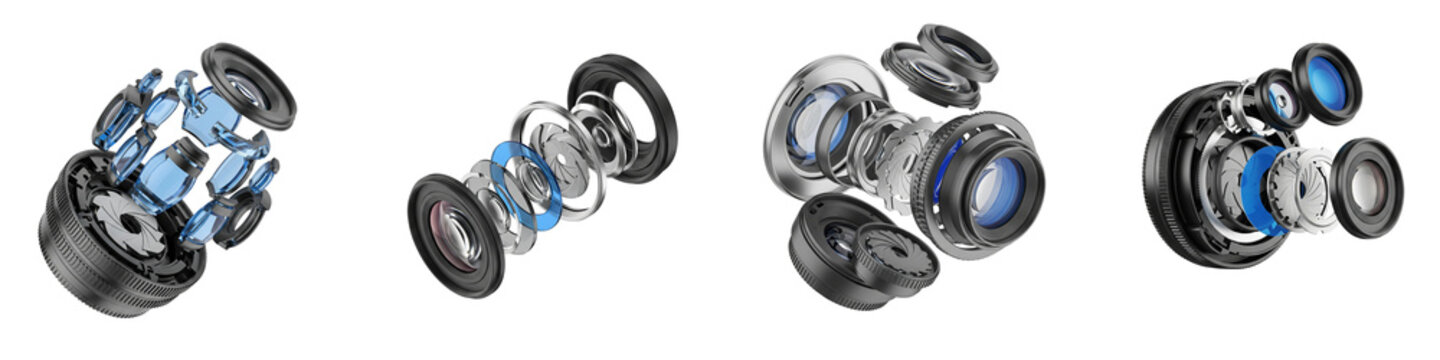 Disassembled camera lens components showing glass optics and iris on black