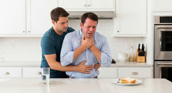 Man performing Heimlich maneuver on choking man in kitchen. First aid assistance for person struggling to breathe after eating. Emergency life saving technique during meal accident