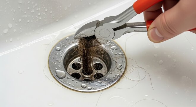Person using pliers to remove a hair clog from a bathroom sink drain. Maintenance tool cleaning a blockage in a washbasin. Concept of home repair, plumbing service and household hygiene