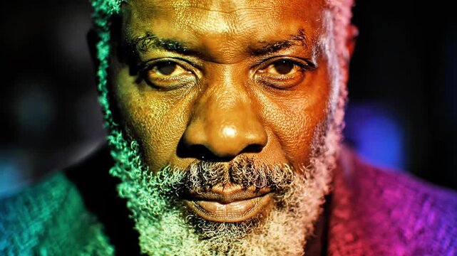 A close-up portrait of a man with a white beard and head covering