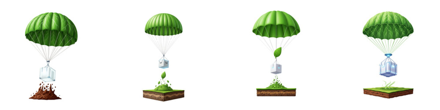 Eco friendly delivery packages falling from sky with green leaf parachutes