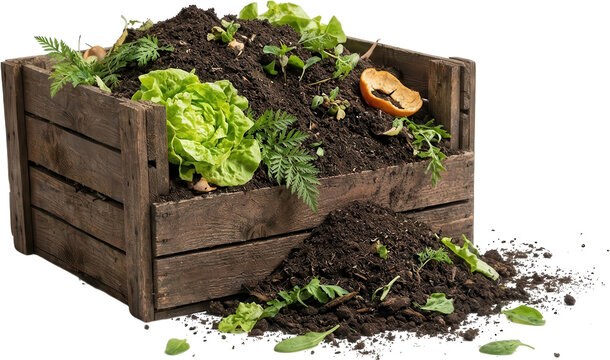 A rustic wooden compost bin filled with rich dark soil fresh green lettuce leafy greens carrot tops and orange peel for organic gardening composting dirt recycling waste natural