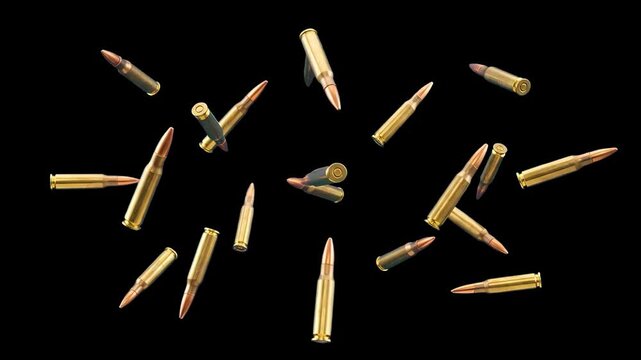 A cascade of brass and gold rifle ammunition cartridges falls downward through a dark space, tumbling on a solid black background. This high-contrast action asset is perfect for war documentaries, mil
