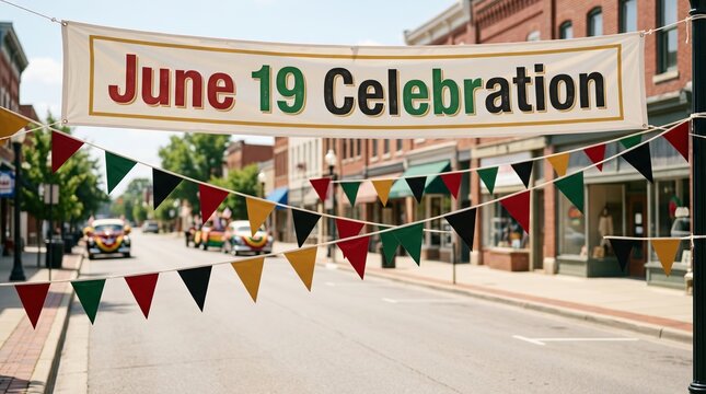June 19 Celebration banner hanging over a main street in a small town. Festive bunting with red, yellow, green, and black colors for Juneteenth event and community heritage holiday