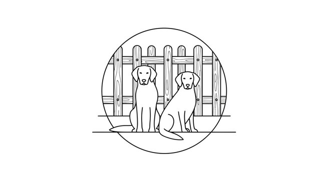 Two friendly dogs sitting outside a wooden fence in a circle logo design