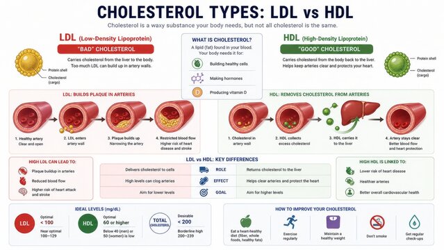 Cholesterol types LDL vs HDL educational infographic showing cardiovascular health. Biology chart explaining lipid function in arteries, plaque buildup, heart disease risk, and healthy lifestyle