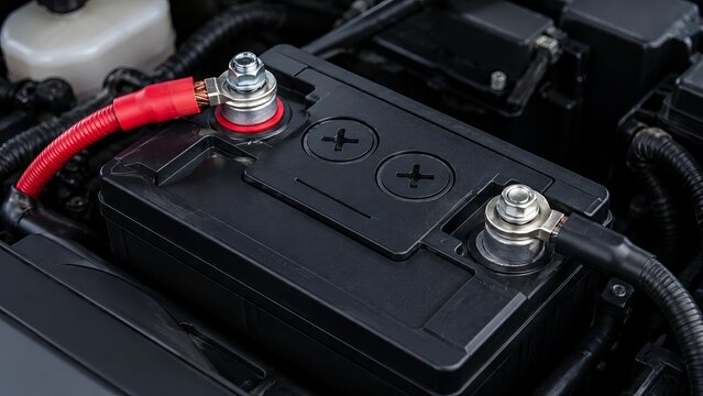 Car battery installed in engine compartment with connected positive and negative terminals. Automotive maintenance and vehicle power supply system. Reliable energy for transport travel