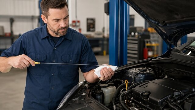 Mechanic checking engine oil level with dipstick in car workshop. Professional man examining vehicle fluid in auto repair shop. Maintenance service, automotive diagnostic and inspection