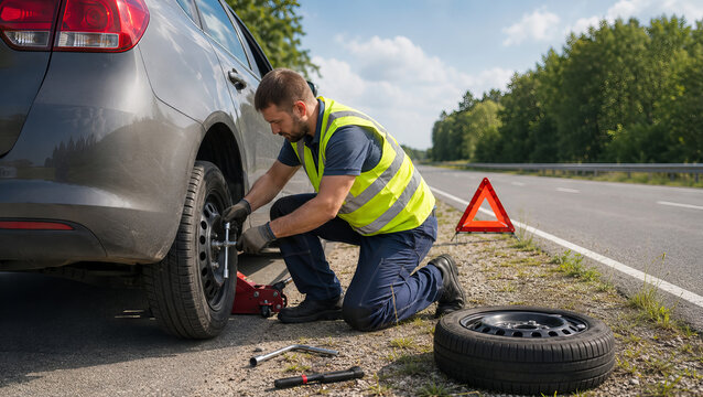 Mechanic man repairing flat tire on broken car alongside road. Professional roadside assistance technician changing wheel with tool. Automotive repair service, safety and flat tire help